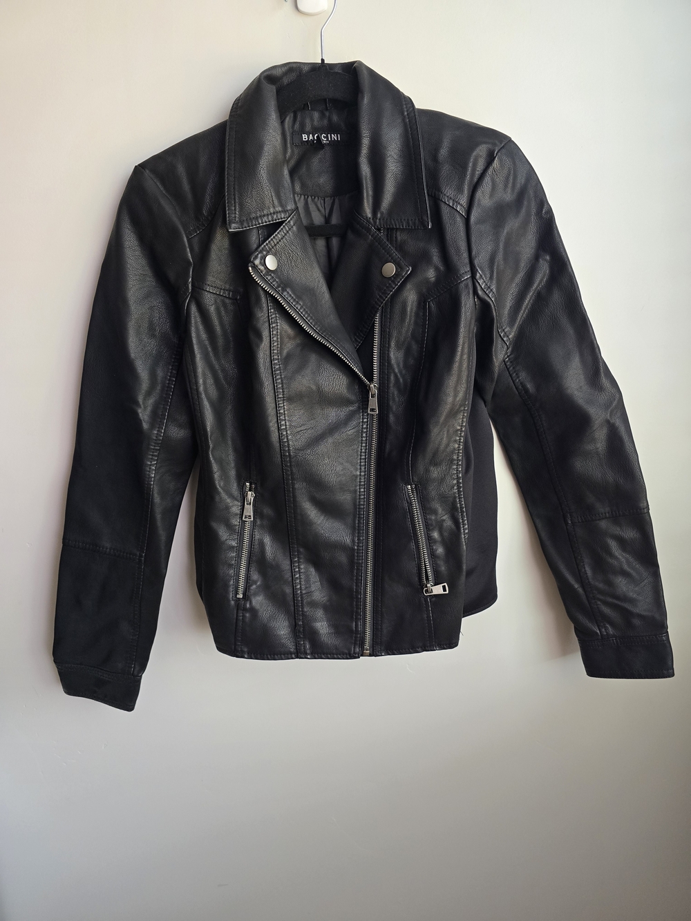 Baccini Black Faux Leather Moto Jacket with Zip Details
